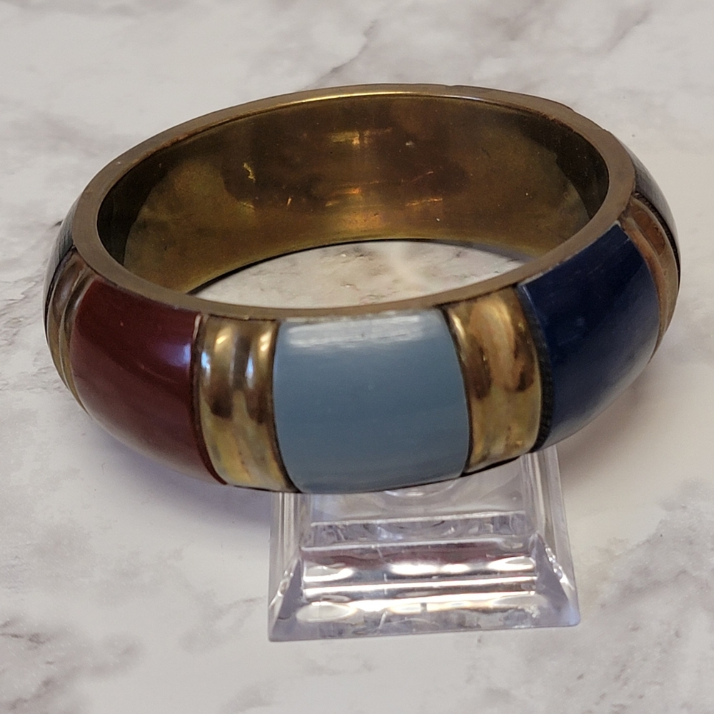 VTG 70s 80s Chunky Bangle Bracelet Brass-tone‎ Red Blue Inlay Costume Jewelry